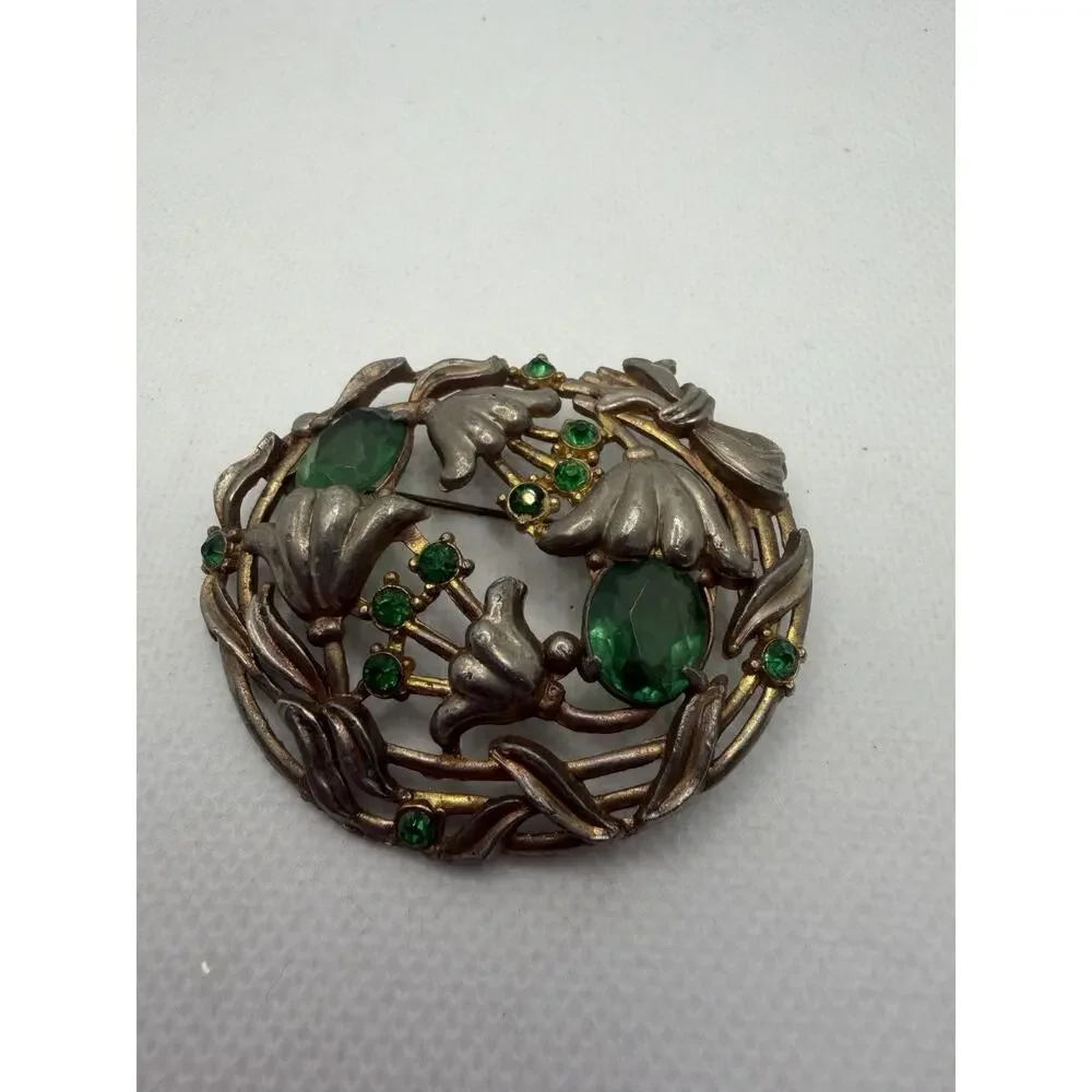 Gorgeous Silver Tone Antique Brooch, Art Nouveau Flowers W/ Green Gemstones